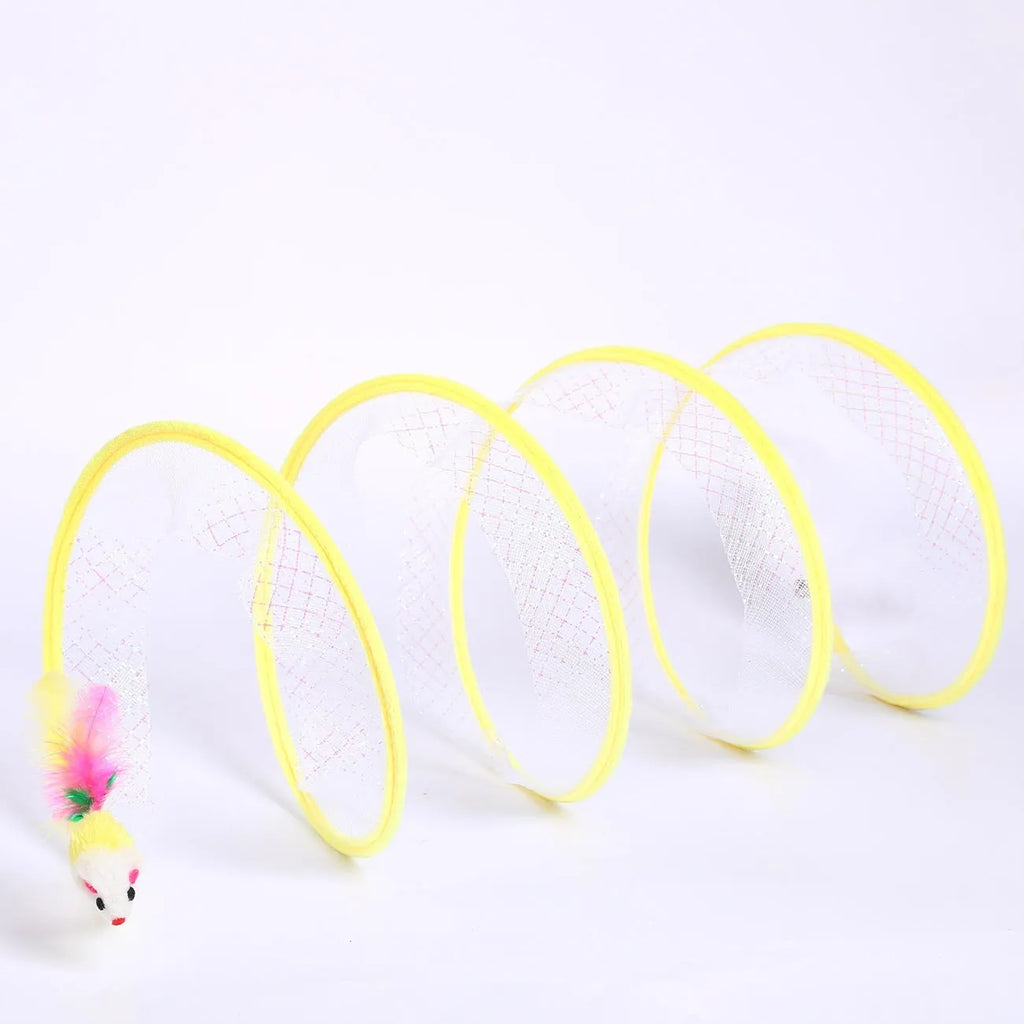 Steel frame cat tunnel toy with colourful feather attachments inside elastic net channel