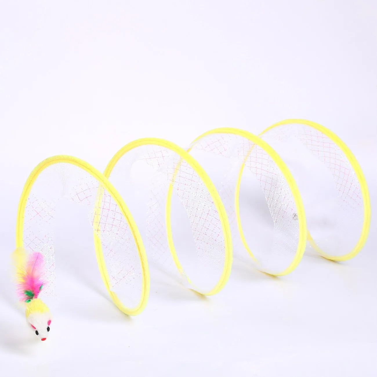 Steel frame cat tunnel toy with colourful feather attachments inside elastic net channel