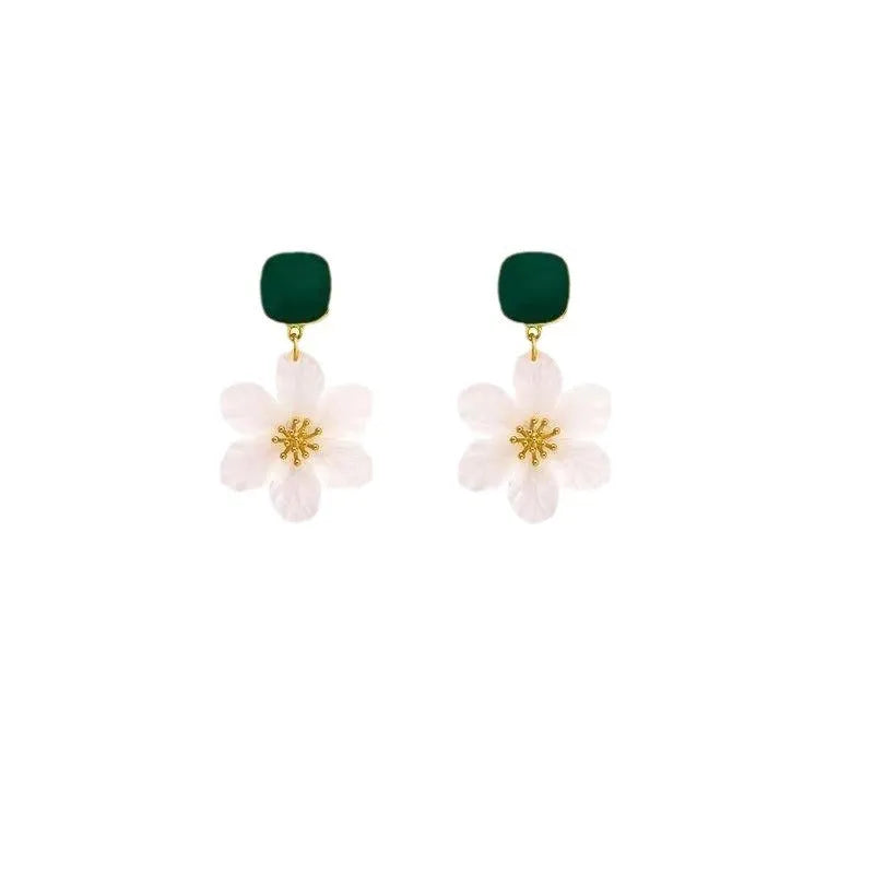 Dark green sweet flower dangle earrings with needle detailing on petals and sterling silver ear wires