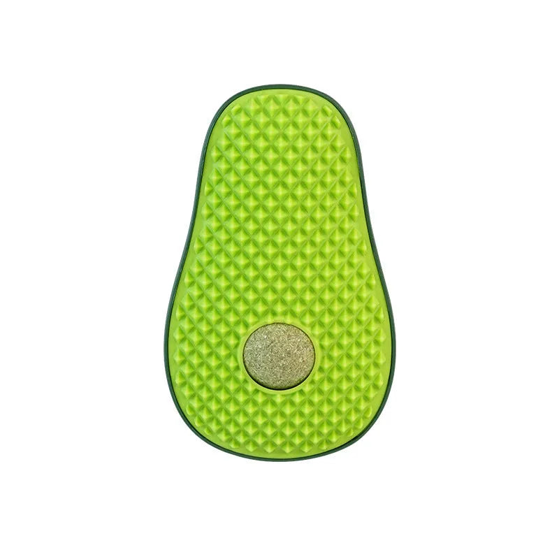 Avocado cat toy with green and brown ABS TPR texture, 13.5 cm long, on a flat surface