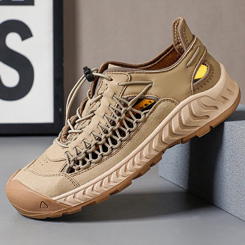 Men's hand-woven closed toe sandal with PU leather upper and rubber sole, available in multiple colours