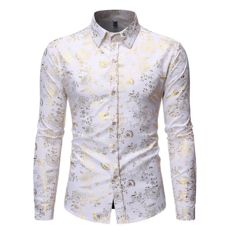 Men's casual shirt with metal bronzing printed lapel in wine red colour