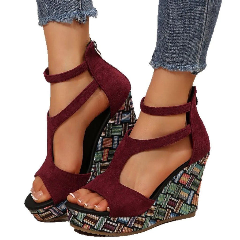 Women's thick-sole slope sandals with ankle strap buckle, fish mouth toe, available in multiple colours