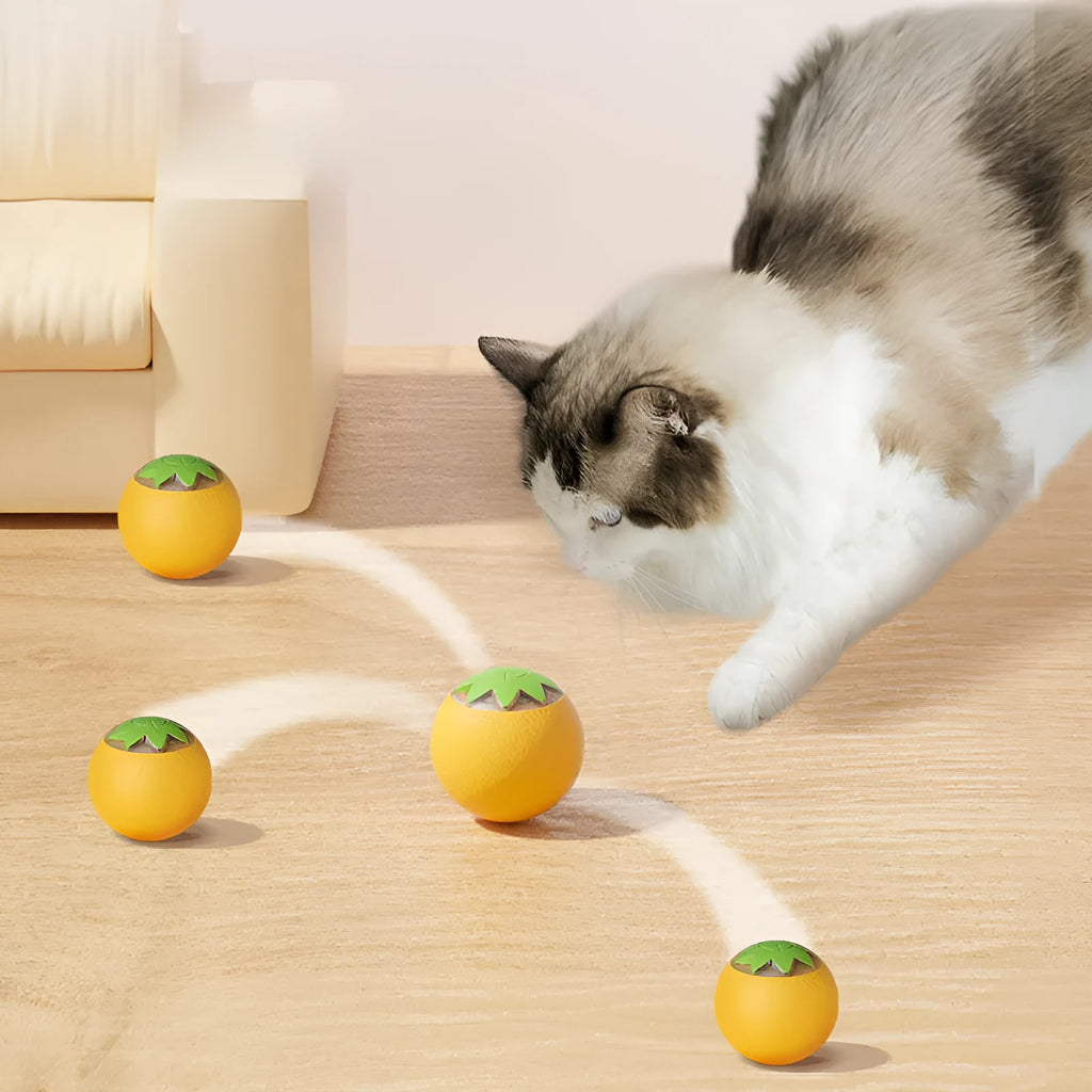 Electric rolling ball toy for dogs and cats in green, pink, and yellow on a light background