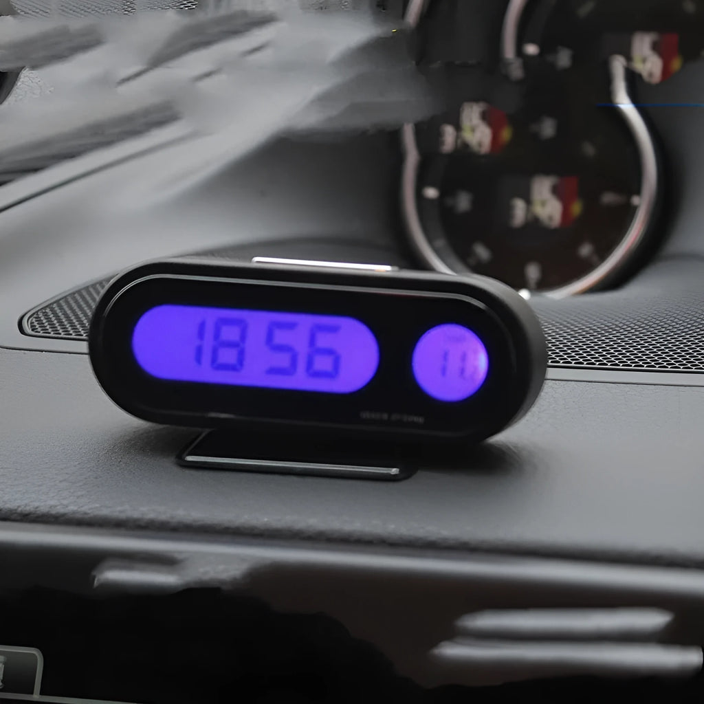 Black car electronic clock thermometer with digital display and adjustable bracket