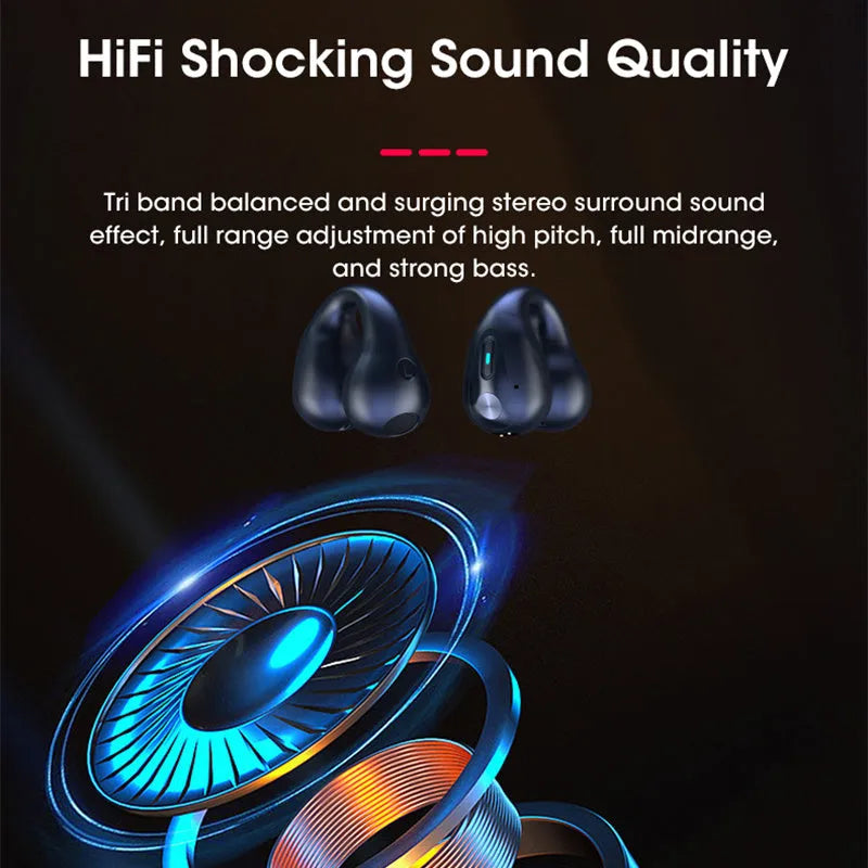 Bone conduction Bluetooth headset with ear clip design shown in black, white, and khaki colour options.