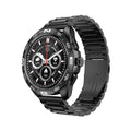 Black smart watch with 1.32 inch screen and silicone wristband, displaying heart rate and step count