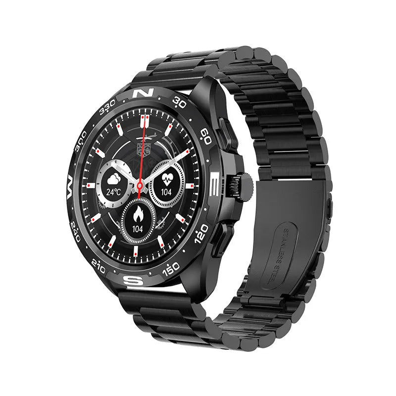 Black smart watch with 1.32 inch screen and silicone wristband, displaying heart rate and step count