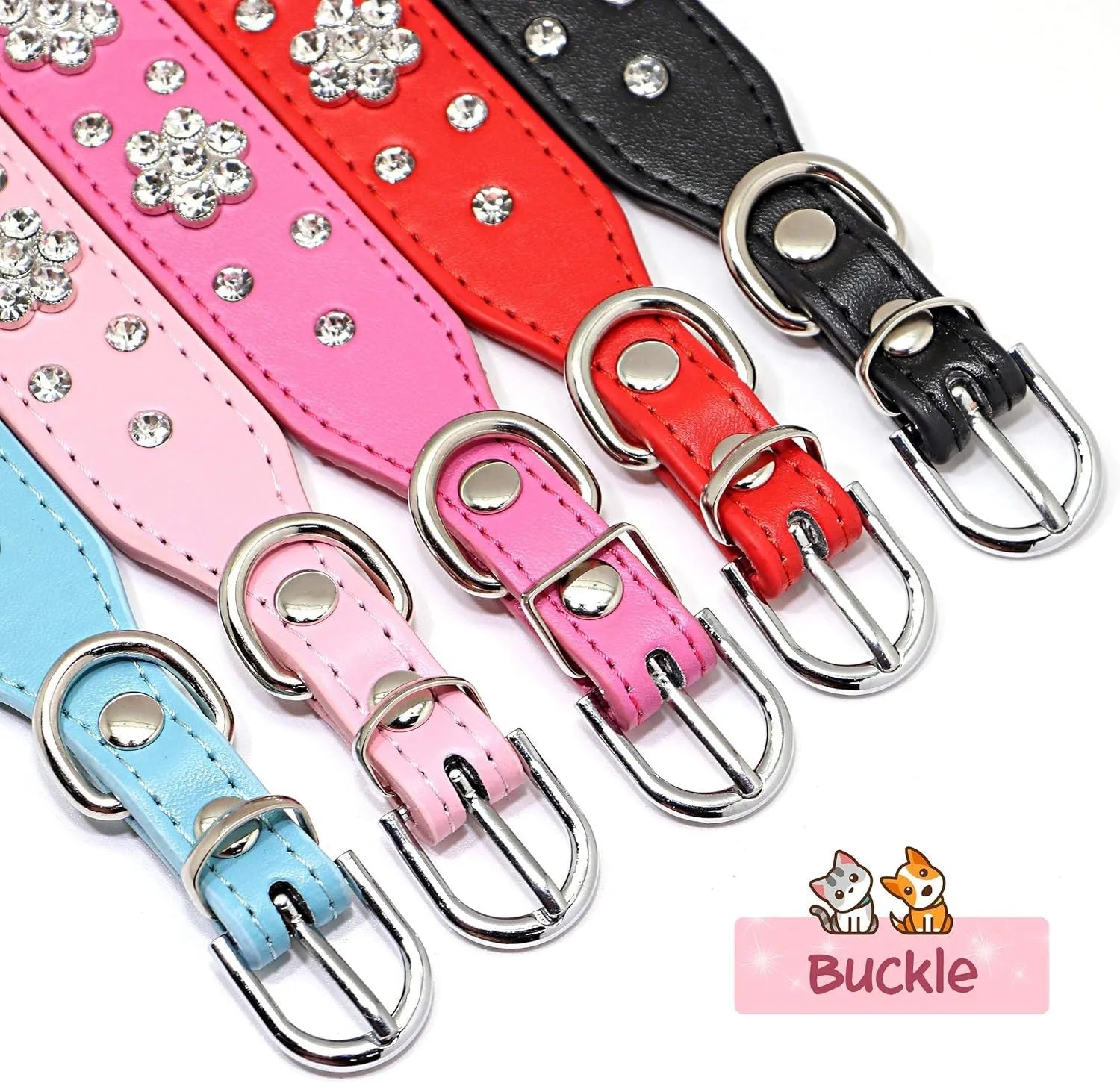 Close-up of a black PU leather dog collar with a studded rhinestone flower pattern and a metal D-ring.