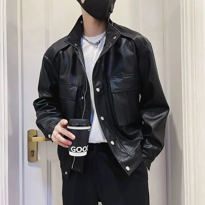 Men's black PU leather jacket with a straight hem and side pockets, Korean style.