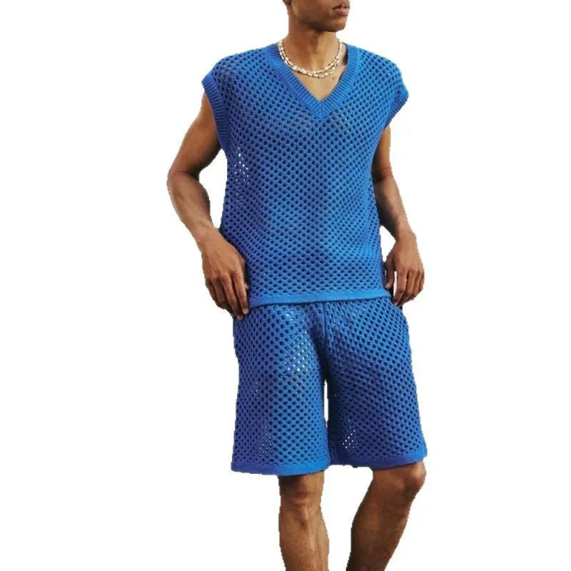 Men's blue V-neck sleeveless vest and matching shorts summer sports set on hanger