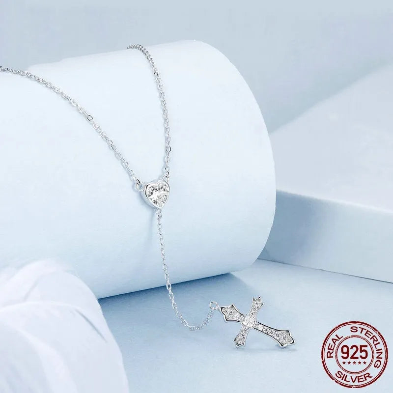 Silver cross necklace with V-neck pendant on O-ring chain, 925 silver jewellery for women