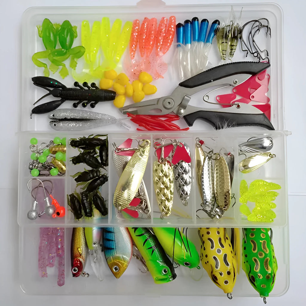 142-piece fishing lure suit showing hard minnow lures with sequins, fishing pliers, metal and plastic lures, and assorted fishhooks
