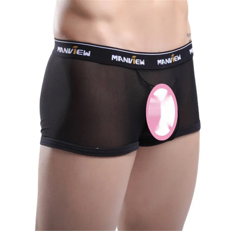 Solid colour men's mesh boxer underwear in black on a white background, showing elastic waistband