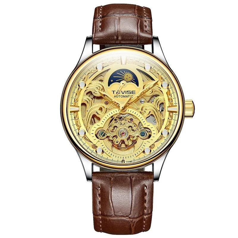 Automatic mechanical men's watch with skeleton movement and leather strap