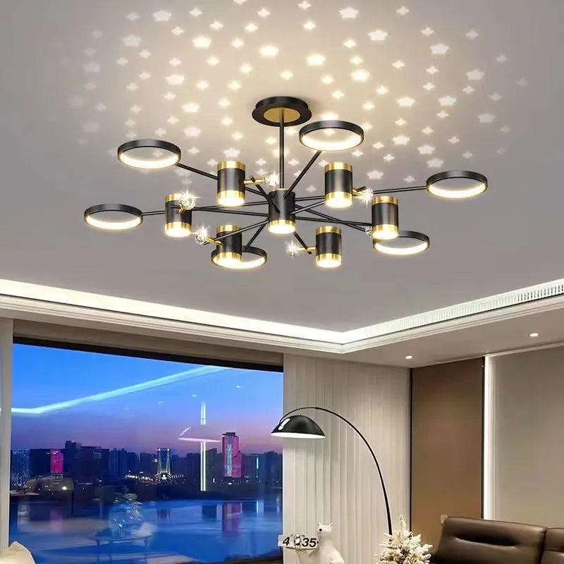 Black iron pendant lamp with 13 light heads and remote control for 15-30 square metre rooms
