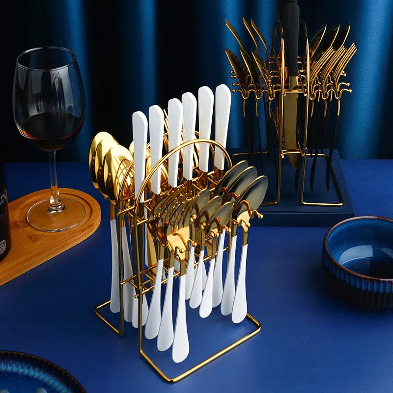 24 piece gold stainless steel cutlery set with knives forks spoons tea spoons and storage rack