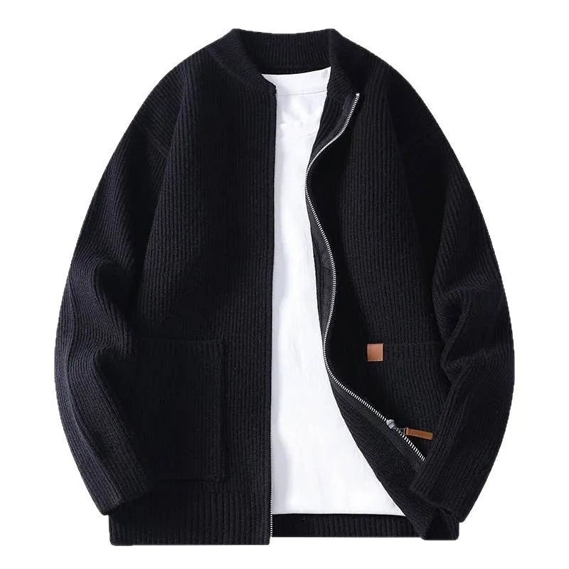Men's striped cardigan sweater in chemical fibre blend shown in straight cut with multiple colour options