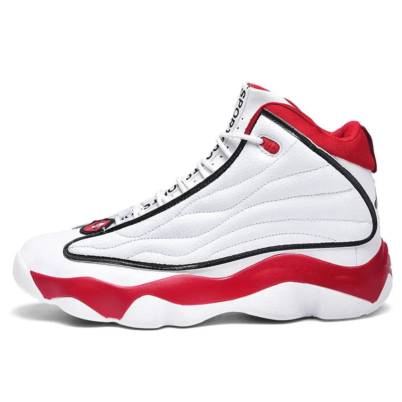 Men's high-top basketball shoes with thick rubber sole and mesh upper in AJ13 colour options