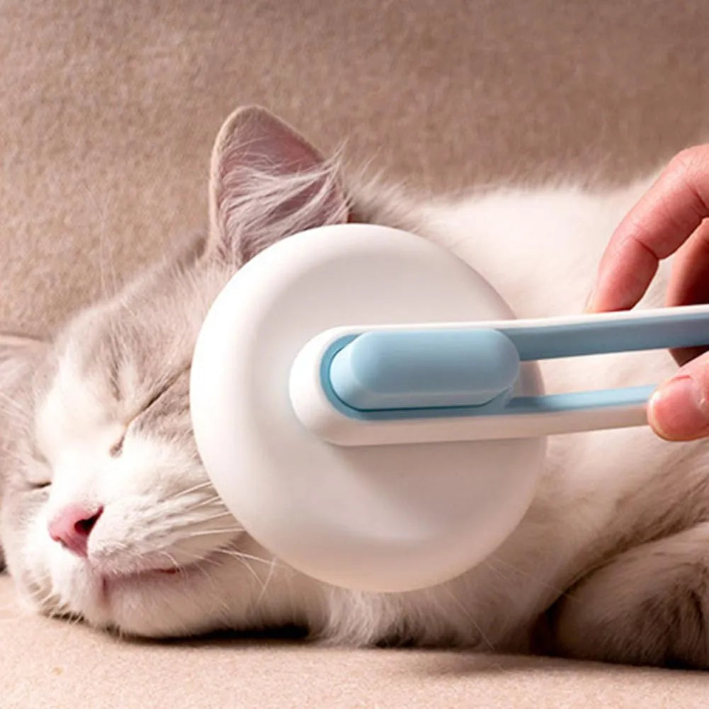 Round pet grooming brush with stainless steel pins and button hair release, blue colour