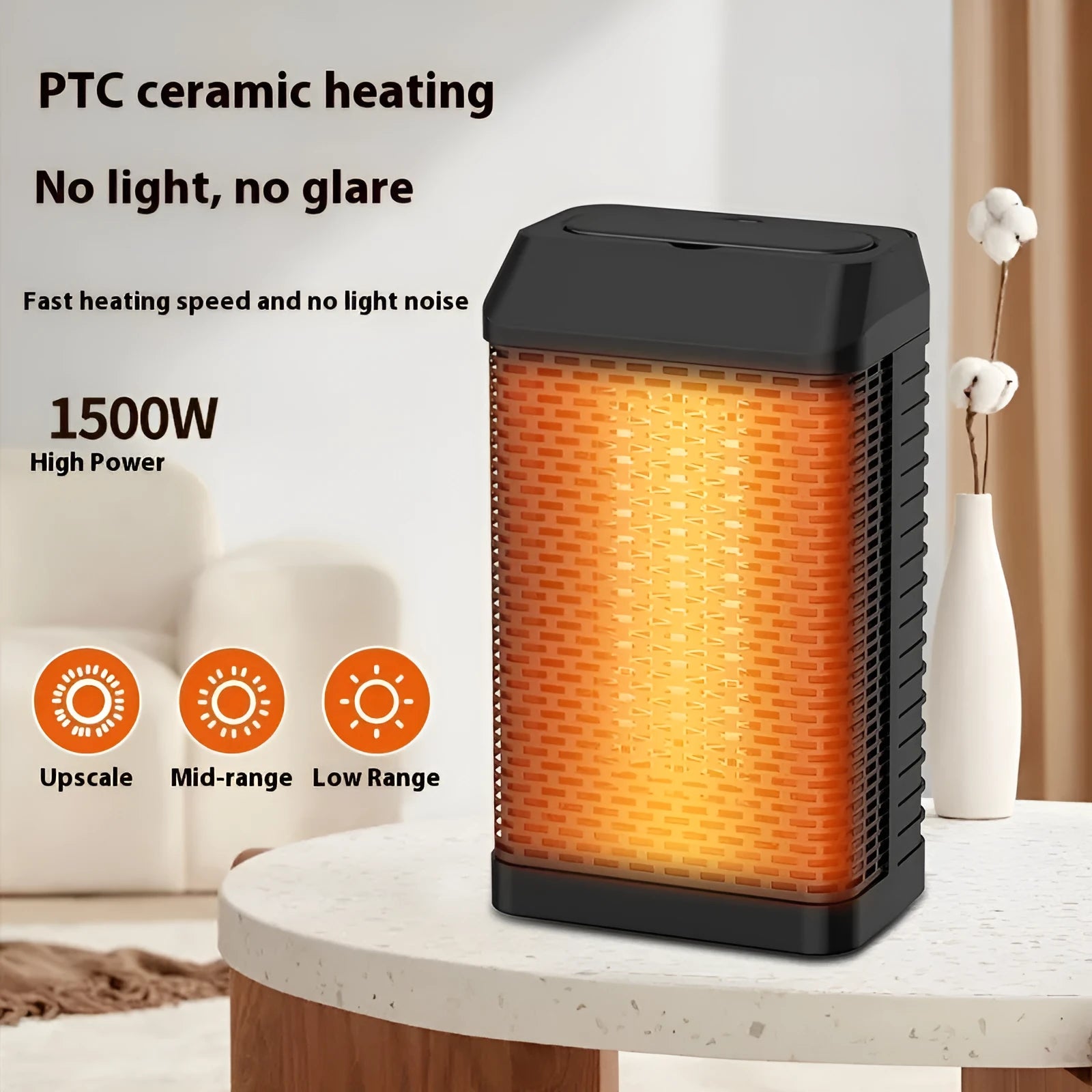 Black remote control desktop heater with digital display and control knobs, shown on a wooden desk.