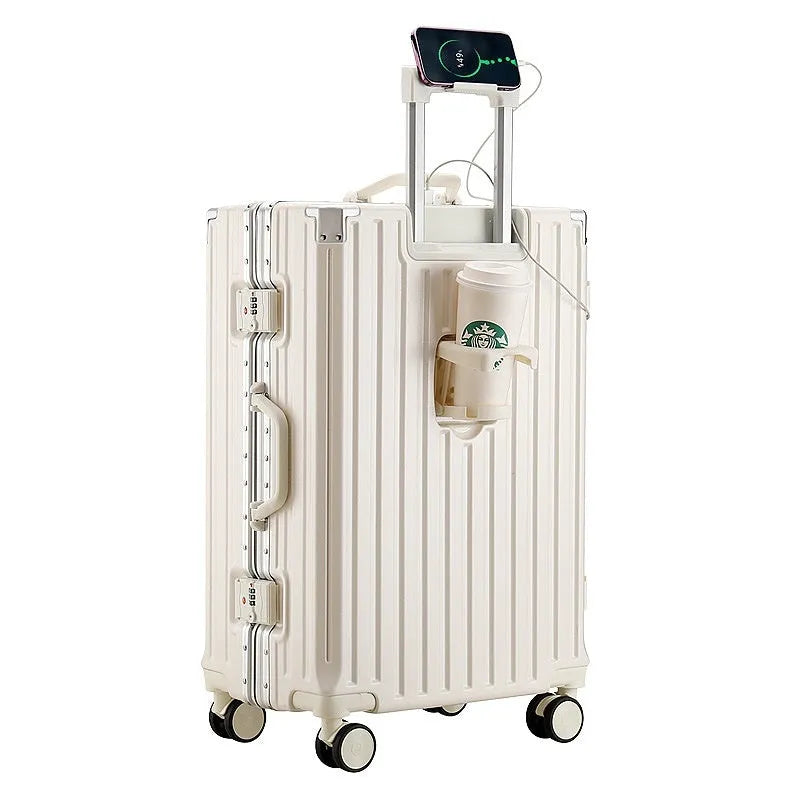 Large capacity travel luggage with aluminium frame, cup holder, and lock in solid colour