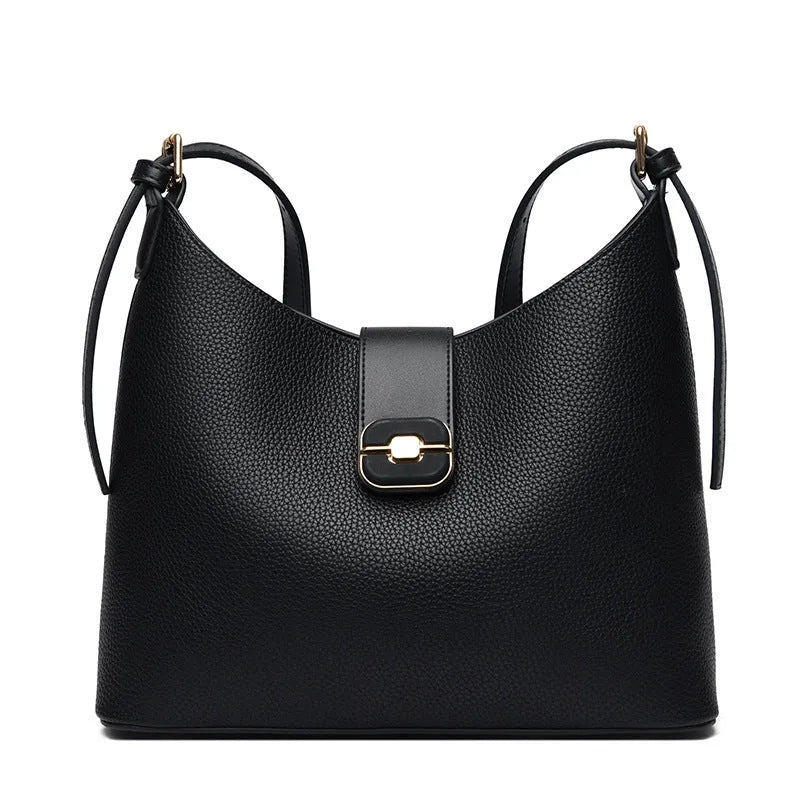 All-matching simple large-capacity bucket bag in black, urban simplicity style with stitching and lock detail