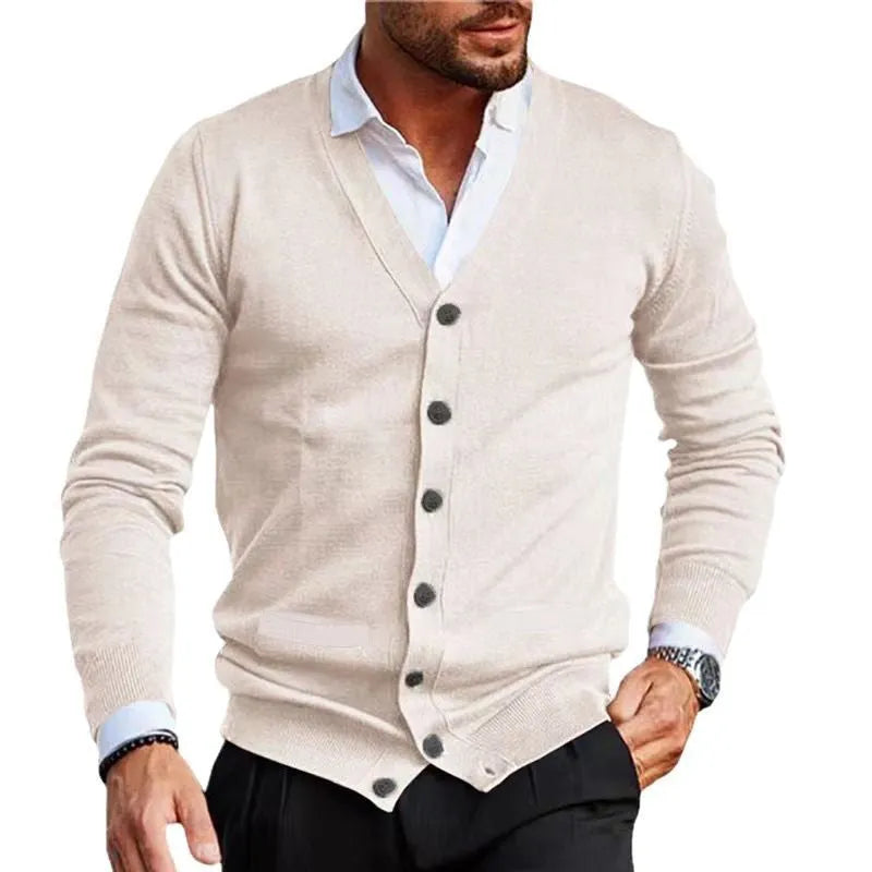 Men's slim fit acrylic cardigan in light grey, shown on a hanger.