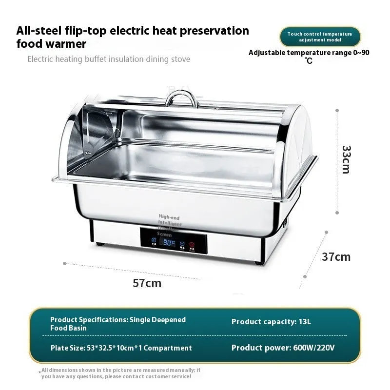 Stainless steel electric buffet stove with a transparent flip-up lid and LCD control screen