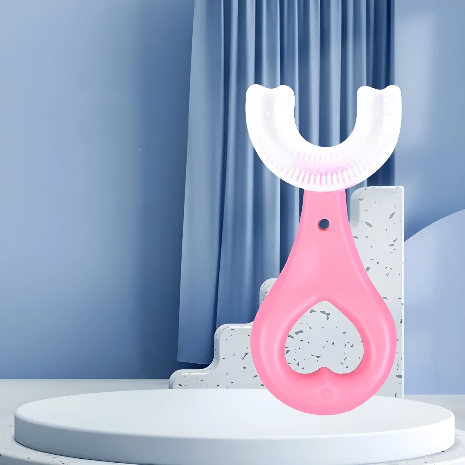 Children's U-shaped food grade soft rubber toothbrush in pink and blue for ages 2-12