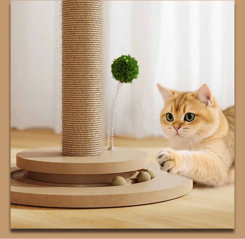 Vertical cat climbing frame with hemp rope scratching posts on a density plate base