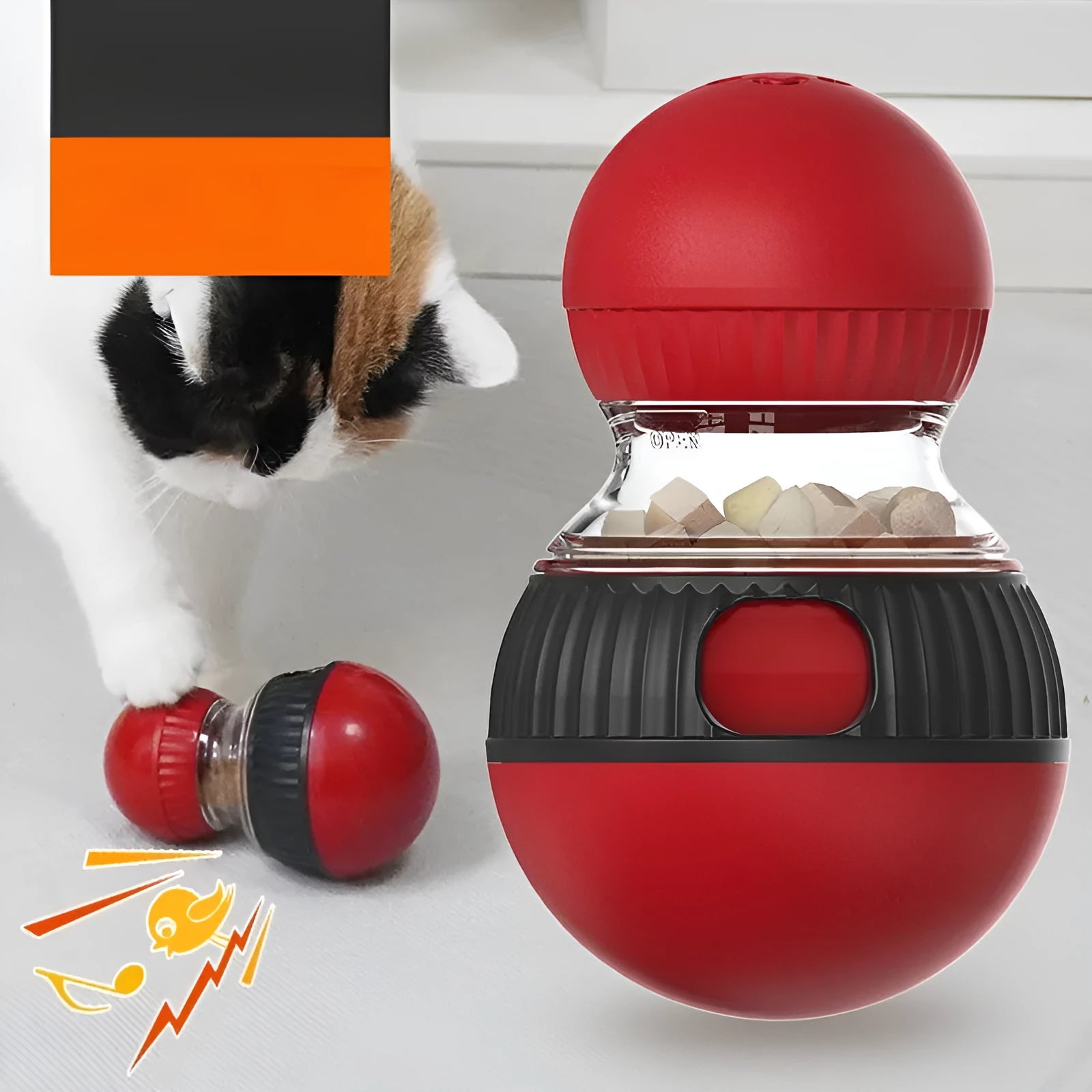 Rotating cat food dispensing ball toy with super ball colour pattern measuring 155mm