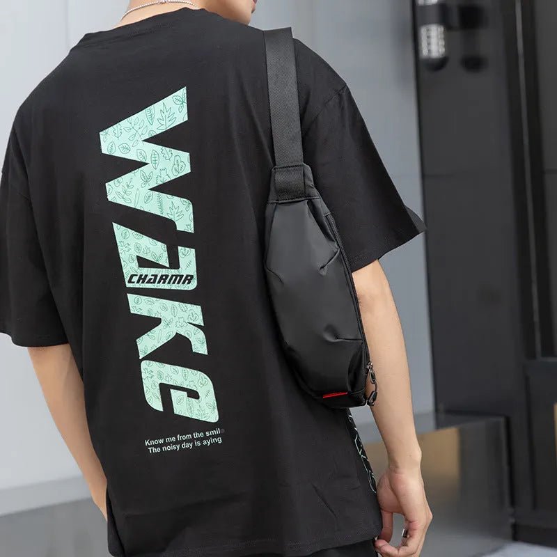 Black Oxford cloth waist pack for men with zipper and internal phone pocket