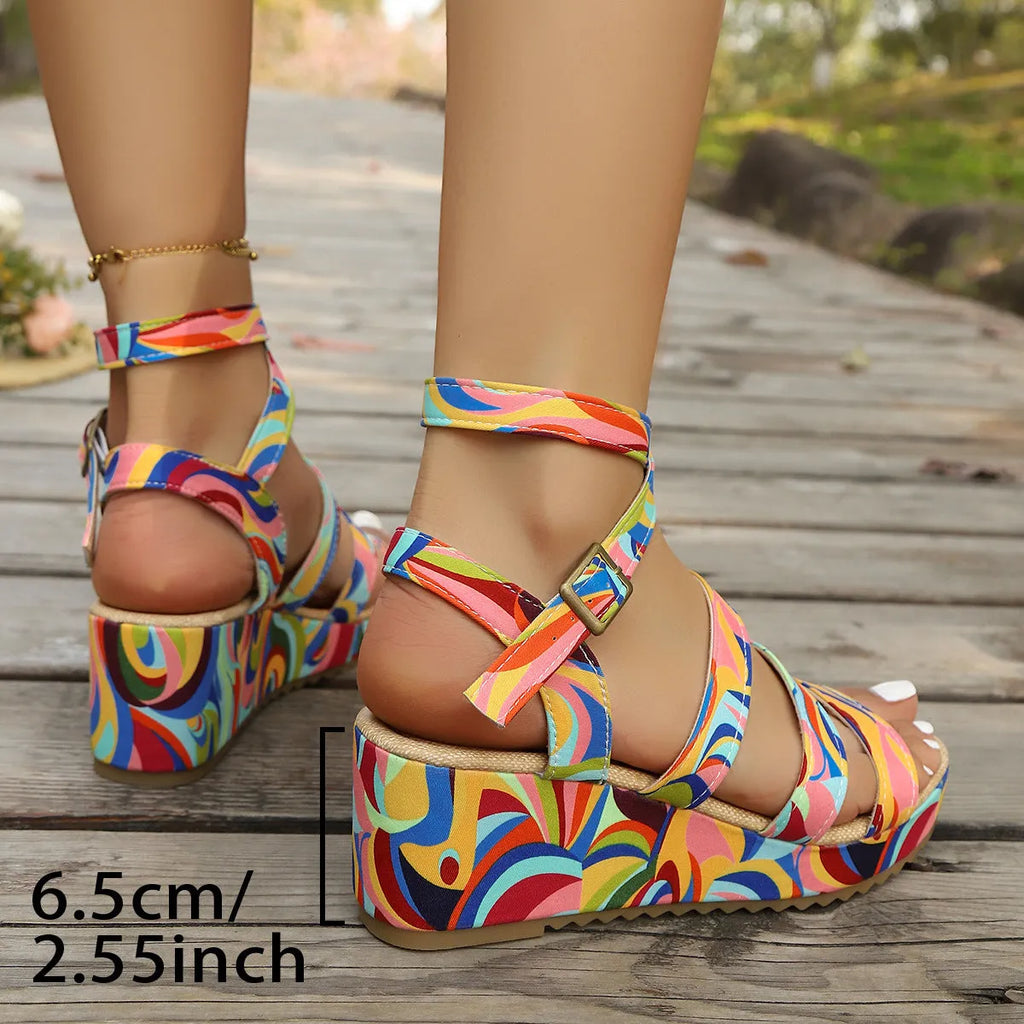 Women's buckle wedge sandals with PU upper and rubber sole in a neutral colour, fish-mouth toe, available in sizes 35-42