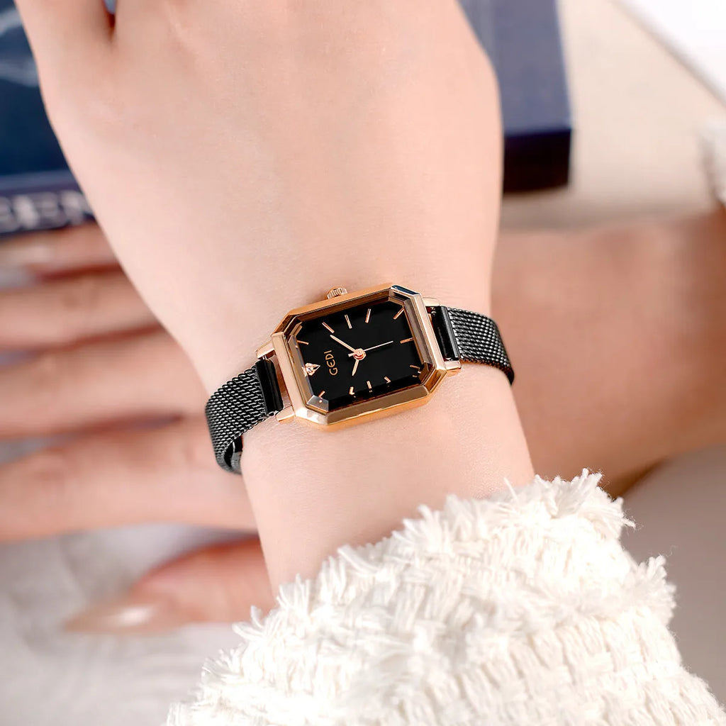 Women's square retro casual watch with rose-coloured steel case and six colour options measuring 8mm thick