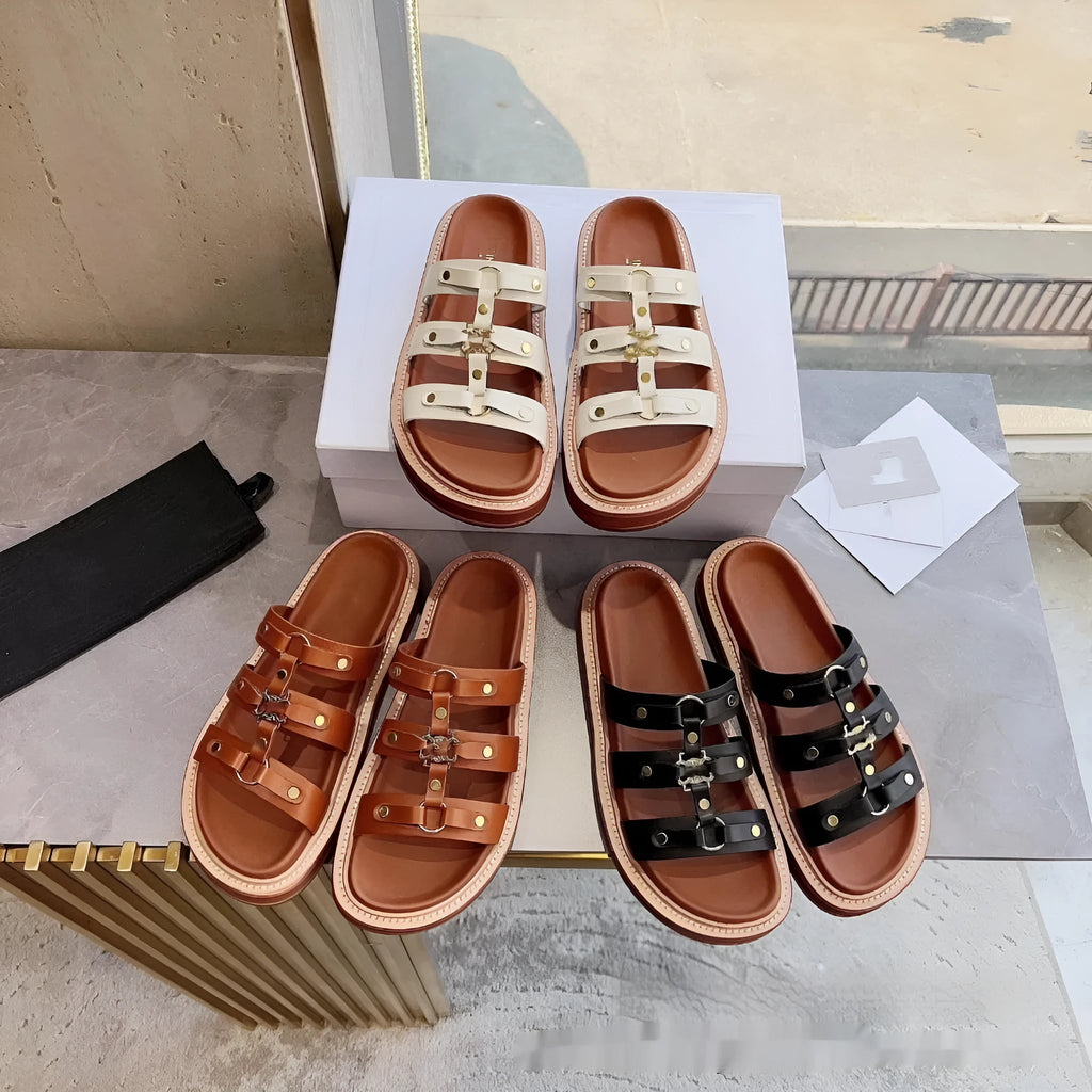 Women's retro Roman-style sandal slippers in sheepskin available white black brown sizes 35-42