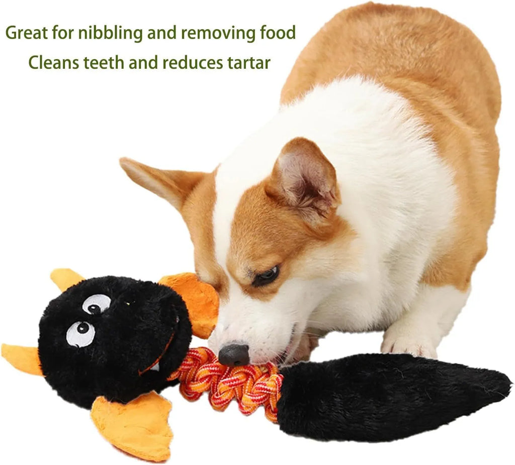 Plush cartoon dog toy with rope knot, in black, green, or red colour, shown next to a tape measure indicating 44 cm length.