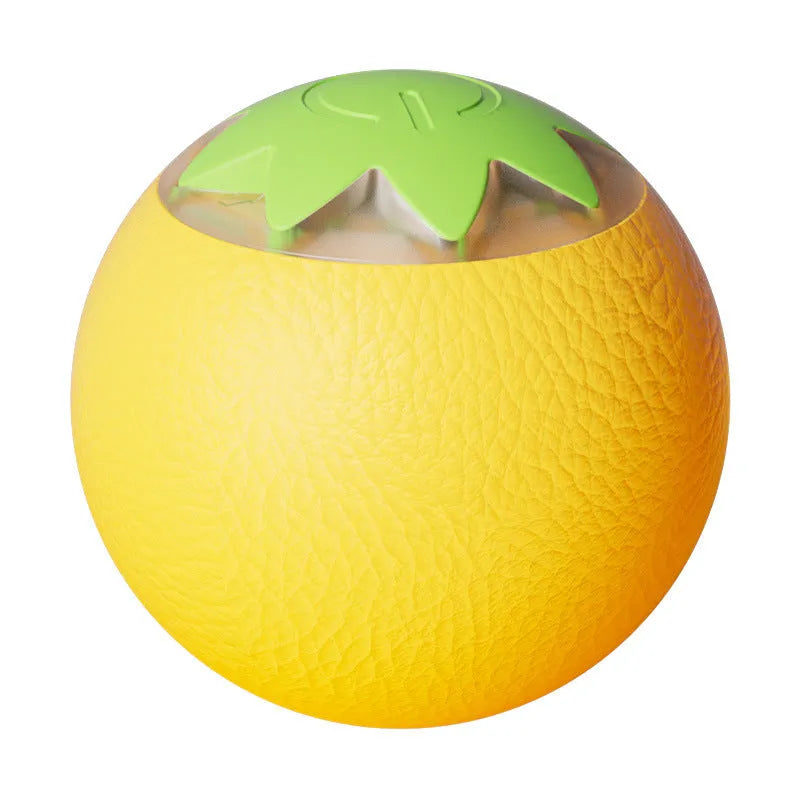 Electric rolling ball toy for dogs and cats in green, pink, and yellow on a light background