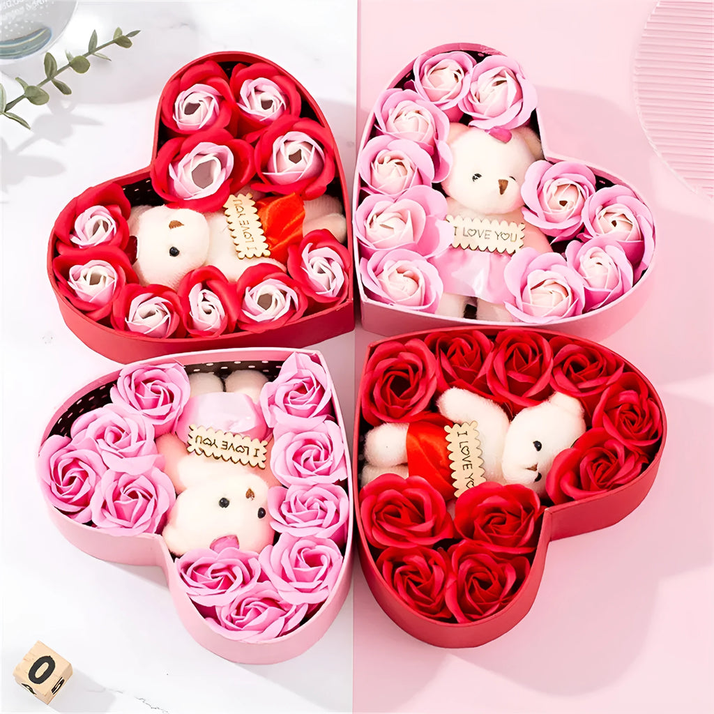 Heart-shaped red gift box with soap roses for Valentine's Day or Christmas gift