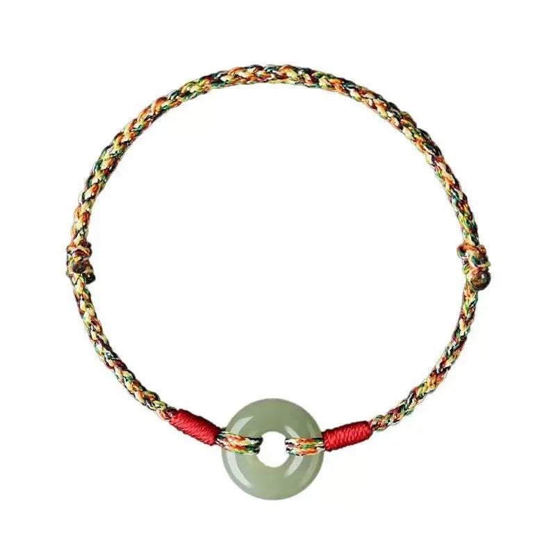 Woven peace buckle colourful rope bracelet on display – unisex natural style handmade accessory