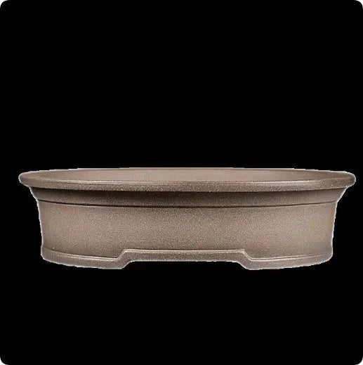 Handmade antique oval bonsai pot in purple sand ceramic measuring 25cm long by 21cm wide