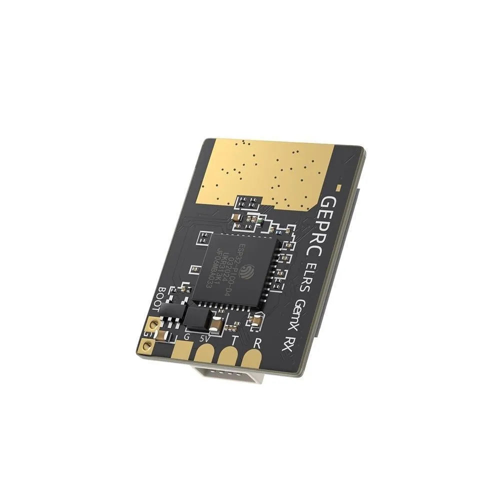 GE Pu dual-band ELRS receiver with two T-shaped antennas and installation accessories on a white background.