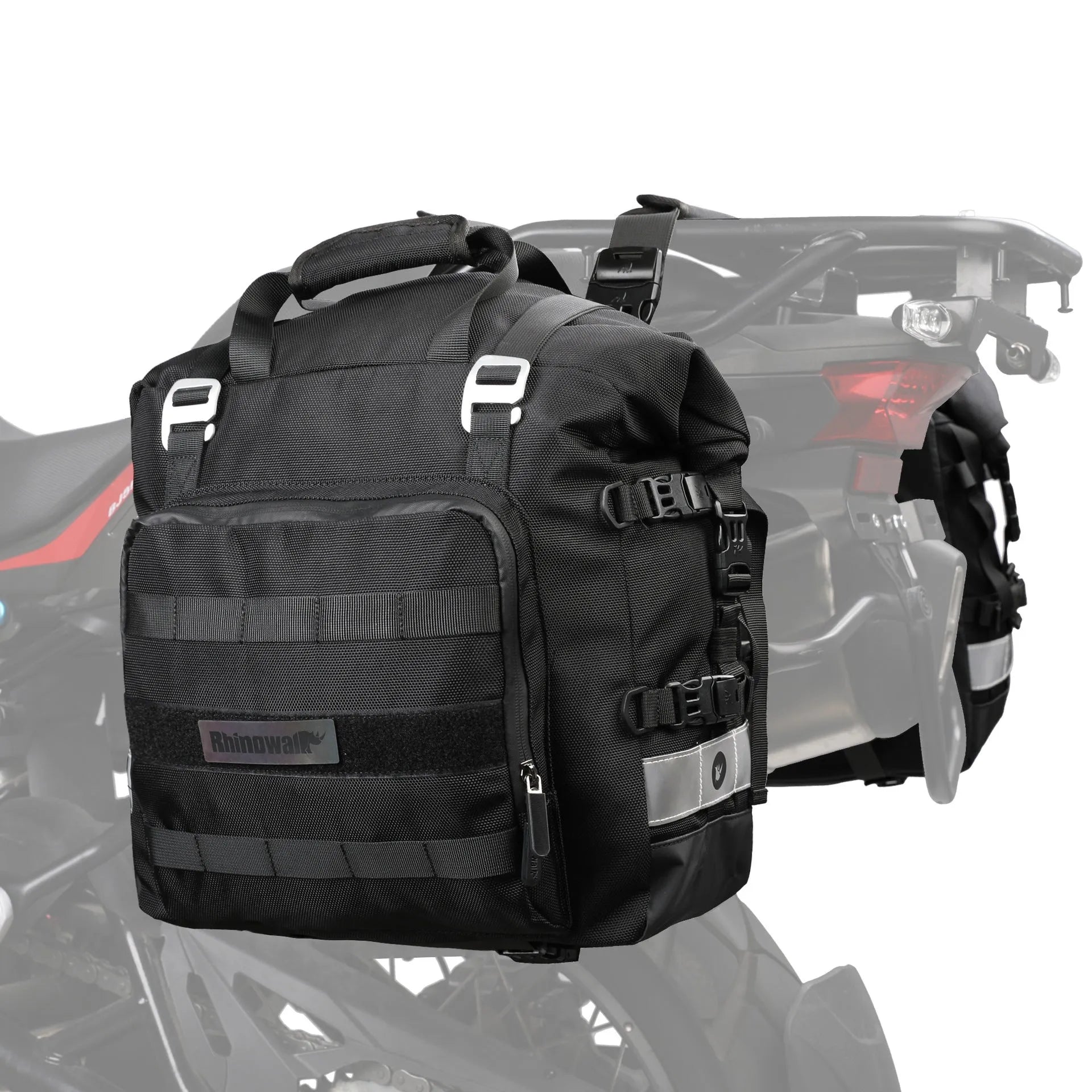 20L quick release motorcycle side bag in black polyester with straps