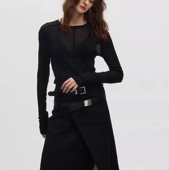 Black mesh texture slim-fit women's pullover with long sleeves and round collar