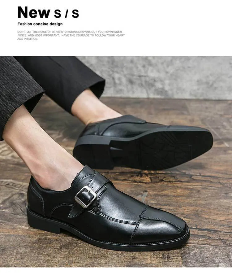 Men's British style retro buckle casual shoes in brown blue and black colours with tall crown design