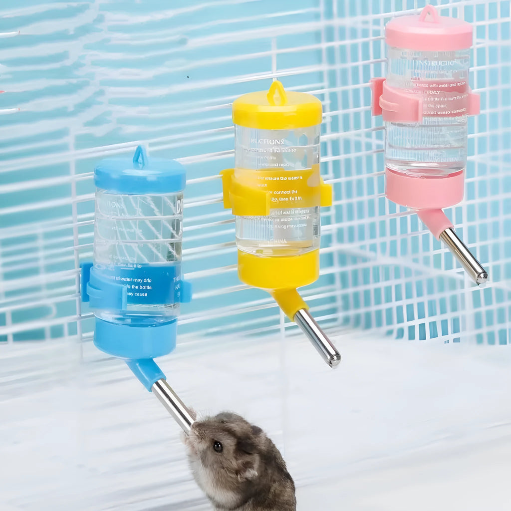 Plastic ball valve water feeder for small pets in various colours mounted to cage bars