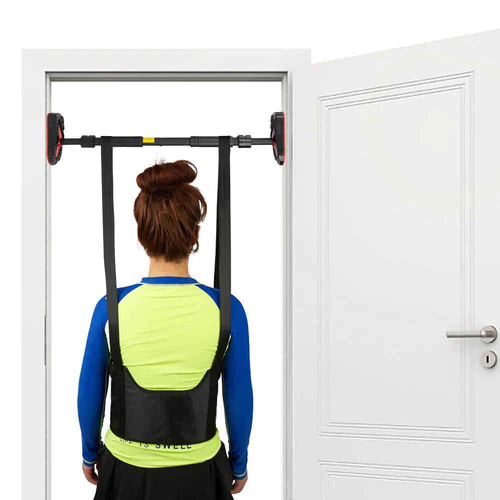 Black neoprene decompression back tensioner with hanging stretching belt for spine massage and traction