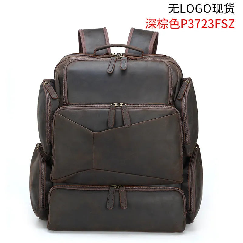 Dark brown retro leather backpack for 17-inch laptops with multiple compartments and shoulder straps