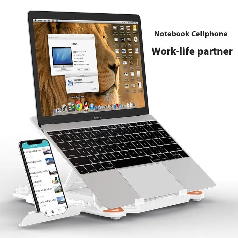 Black ABS plastic laptop stand with integrated strap phone holder on wooden desk