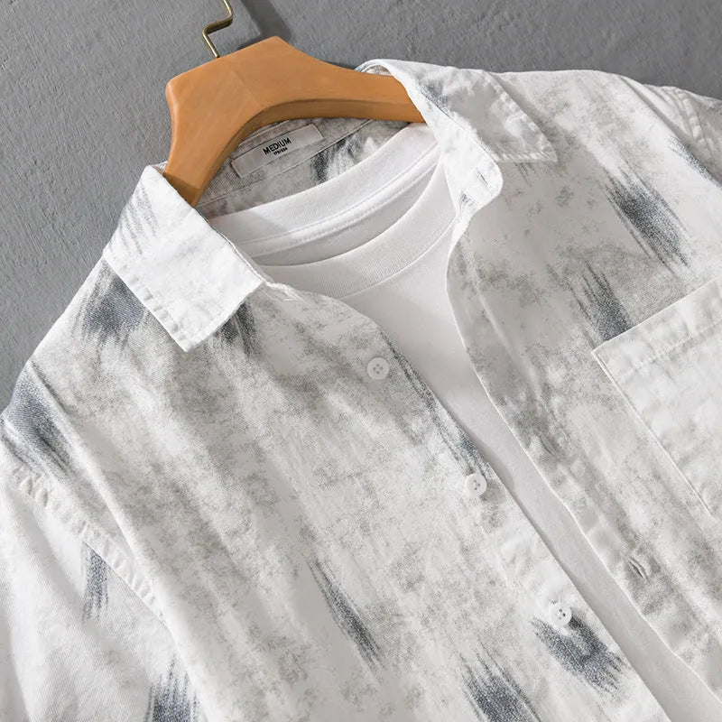 Summer mens cotton short sleeve cardigan with floral print in light green and white loose fit